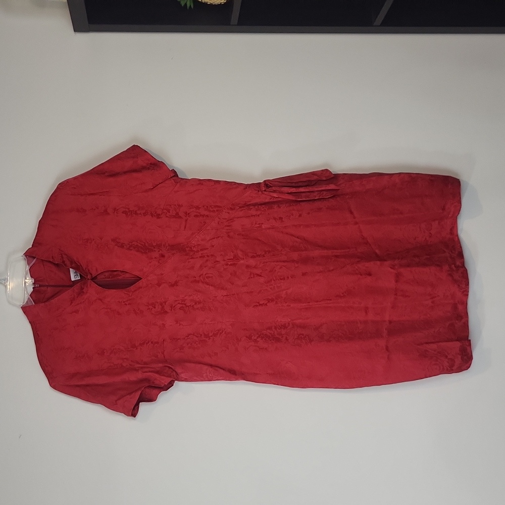 Vtg STYLEWORKS Red Floral Silk Japanese Inspired Keyhole Waist Tie Midi Dress